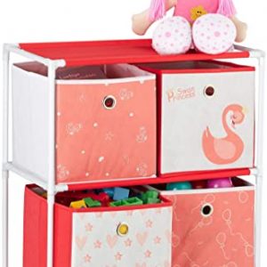 Relaxdays Kinderregal mit 4 Boxen, Spielzeug, Mädchen, Schwan-Design, Regal Kinderzimmer, HBT: 62 x 53 x 30 cm, weiß/rot