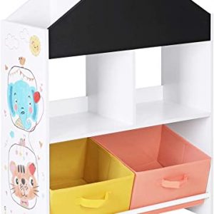 SONGMICS Bücherregal, Standregal, Aufbewahrungsregal mit schwarzer Tafel, multifunktionale Aufbewahrungsboxen, Ablage, weiß, schwarz, orange und…