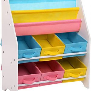 SONGMICS Kinderregal kleines Bücherregal Spielzeugregal Weißes Aufbewahrungsregal mit bunten Aufbewahrungsboxen Kindermöbel 63 x 74 x 26,5 cm (B x…