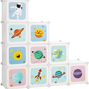 SONGMICS Regalsystem mit 10 Würfeln, Aufbewahrungsschrank für Kinder, Steckregal, Schuhregal aus Kunststoff, Kleiderschrank mit Türen, für Schuhe,...