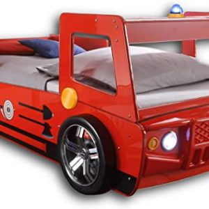 SPARK Feuerwehrbett mit LED-Beleuchtung 90 x 200 cm - Aufregendes Auto Kinderbett für kleine Feuerwehrmänner in rot - 108 x 91 x 225 cm (B/H/T)