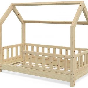 VitaliSpa Kinderbett Hausbett Wiki 70x140cm Natur Kinder Bett Holz Haus Schlafen Hausbett Spielbett Inkl. Lattenrost und Zaun Fallschutzgitter