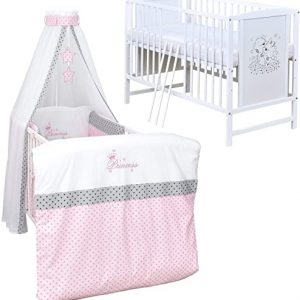 Baby Delux Babybett Komplett Set Kinderbett Mia weiß 120×60 Bettset mit Stickerei Matratze in vielen Designs Princess Stars