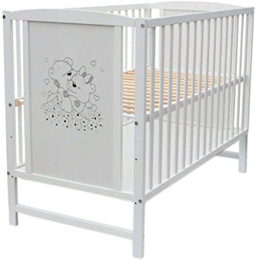 Babybett Gitterbett Kinderbett 120x60 Weiß Bärchen Motiv mit Matratze