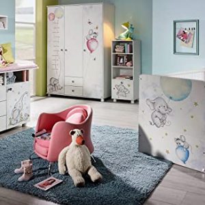 Babyzimmer Jemma in Weiß mit Printdekor Tiere 7 teiliges Komplett Set mit Kleiderschrank, Babybett und Umbauseiten, Wickelkommode und Regalen