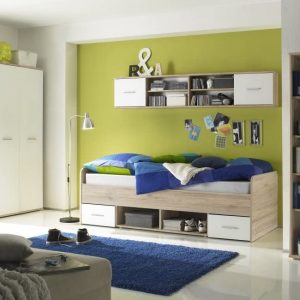 JUGENDZIMMER KINDERZIMMER 4-TLG.-Komplettset KLEIDERSCHRANK 2-TRG. Bett 90×200 Regal Eiche Sanremo Weiss NEU