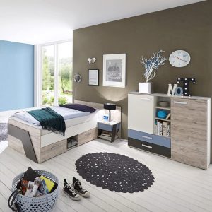 Lomadox Jugendzimmer Kinderzimmer Schlafzimmer Set, Sandeiche mit weiß, Lava blau, 90×200 cm Einzelbett Kojenbett, Nachtschrank, Highboard-Kommode