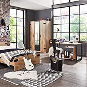 möbel-direkt Jugendzimmer Liverpool in Plankeneiche mit Absetzungen in Graphit 6 teiliges Komplettset mit Schrank, 140er Bett, Nachttisch,...