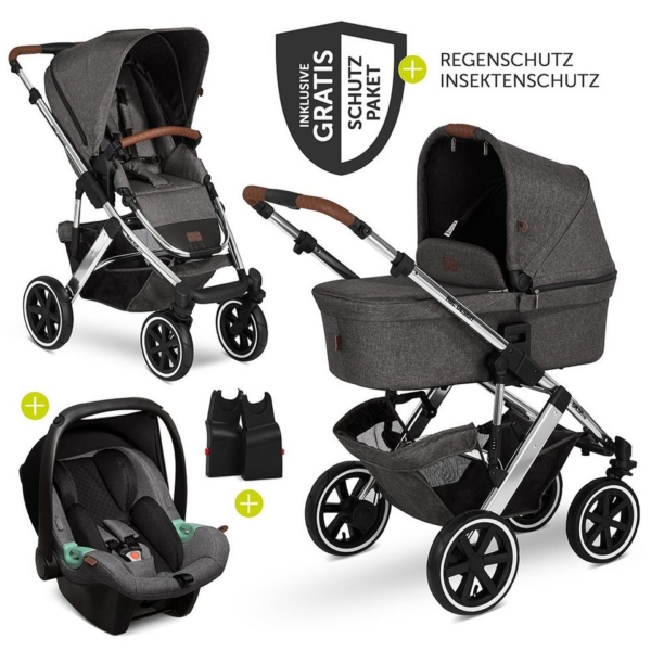 ABC Design Kombi-Kinderwagen »Sals 4 Air – Diamond Edition – Asphalt«, (9-tlg), 3in1 Kinderwagen-Set – inkl. Babyschale Tulip & XXL Zubehörpaket