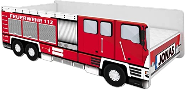 ACMA Kinderbett Auto-Bett Feuerwehr mit Rausfallschutz, Lattenrost und Matratze (160×80 + Name)