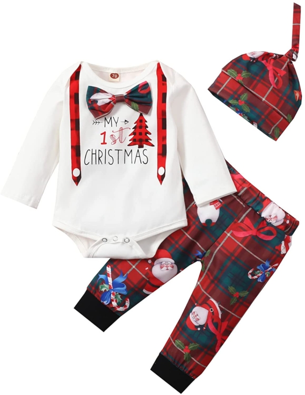 Alliwa Baby Weihnachten Baby Strampler Body Langarm+Lange Hosen + Mütze Neugeborenes Bekleidungsset 3pcs Outfits Set Neugeborenes Babykleidung…