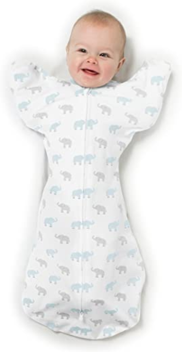 Amazing Baby von SwaddleDesigns, Übergangs-PuckSack mit nach oben gerichteten Ärmeln, Swaddle Sack with Arms Up, Blau, Winzige Elefanten, Klein,…