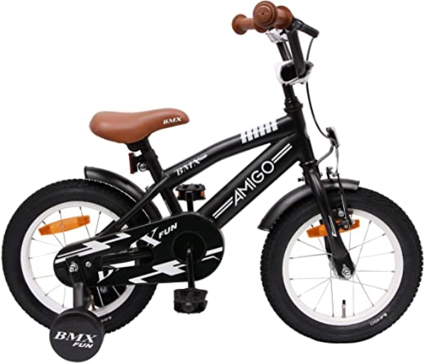 Amigo BMX Fun – Kinderfahrrad für Jungen – 14 Zoll – mit Handbremse, Rücktritt, Lenkerpolster und Stützräder – ab 3-4 Jahre – Schwarz