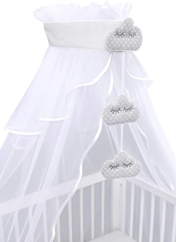 Amilian® Chiffonhimmel Himmel Betthimmel mit Deko Anhänger (Wolken/Hellgrau, Chiffonhimmel mit Himmelstange)