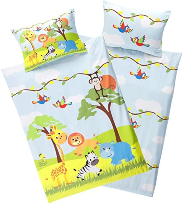 Aminata Kids Kinderbettwäsche Tiere 100 x 135 cm + 40 x 60 cm Baumwolle Reißverschluss Dschungel-Tiere, Zoo-Tier-Motiv, Kinder-Bettwäsche-Set,…