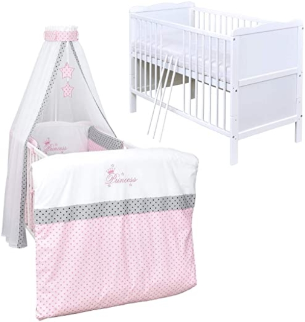 Baby Delux Babybett Komplett Set Kinderbett umbaubar zum Juniorbett weiß 140×70 Bettset Matratze in vielen Designs Princess Stars