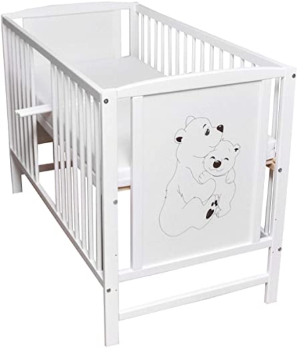 Babybett Gitterbett Kinderbett Sprossen 120×60 Weiß Bär Bärchen Motiv mit Matratze NEU