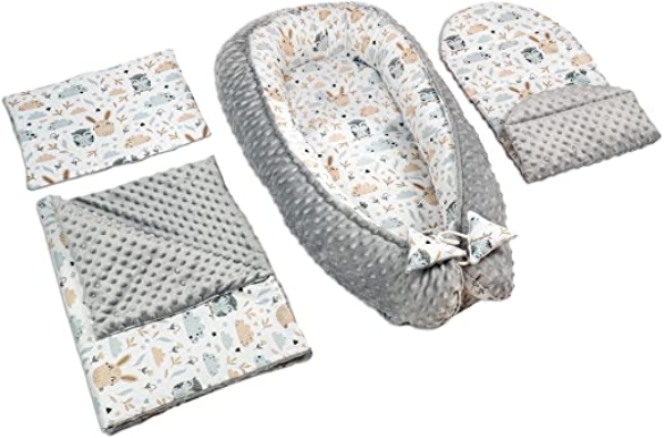 Babynestchen Set Neugeborene 90×50 cm Minky – Kuschelnest Baby Nestchen 4-teilig Kokon mit Decke Flachkissen Eule