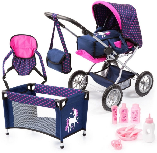 Bayer Kombi-Puppenwagen »Grande, Blau/Pink«, (Set), mit Reisebett, Flasche, Tragegurt, Schnuller, Puppengeschirr, Fläschchen und Pflegemittel