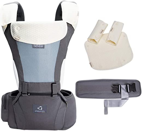 Bebamour Ergonomische Babytrage mit Hüftsitz, 6 Tragepositionen, leicht und atmungsaktiv, für Neugeborene 0-36 Monate (Cotton Grey)