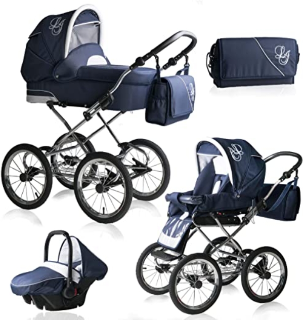 Bebebi Loving | 3 in 1 Kombi Kinderwagen Komplettset | Nostalgie Kinderwagen | Farbe: Blue Ardent