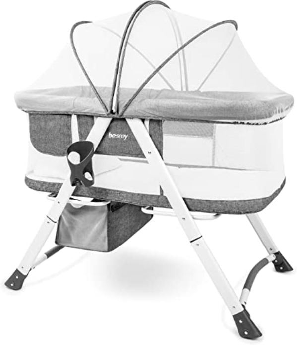 Besrey 3 in 1 Stubenwagen Babywiege Baby Wippe Schaukelfunktion Reisebett Babybett mit Matratze, Kissen, Moskitonetzen klappbar