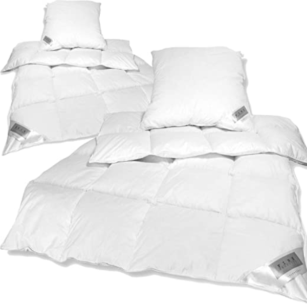 Bettenset Comfort 4tlg – 2X Federn Daunen Bettdecke 135×200 cm und 2X Kopfkissen 80×80 cm – Premium Bettdeckenset – Bezug aus 100% Mako Baumwolle /…