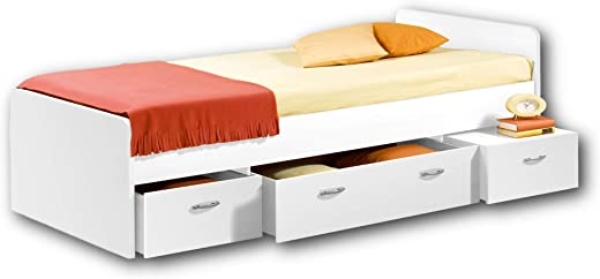 BORO Modernes Einzelbett mit 3x Schubkästen 90 x 200 cm – Praktisches Jugendzimmer Kojenbett in Weiß – 95 x 66 x 204 cm (B/H/T)
