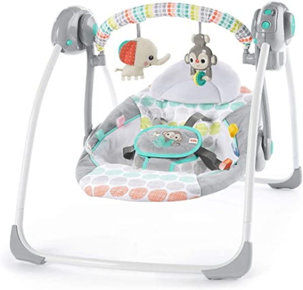 Bright Starts, Whimsical Wild automatische Babyschaukel, zusammenklappbar, mit 6 Melodien und 2 Spielzeugen