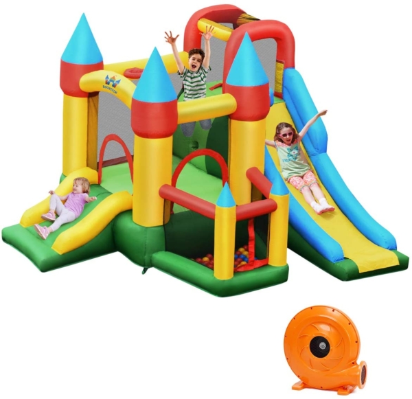 COSTWAY Aufblasbare Hüpfburg mit 610W Luftgebläse 2 Rutsche Springburg Hüpfschloss Outdoor Bouncer Spielburg inkl. 60 Ozeanbälle, Tragetasche,…