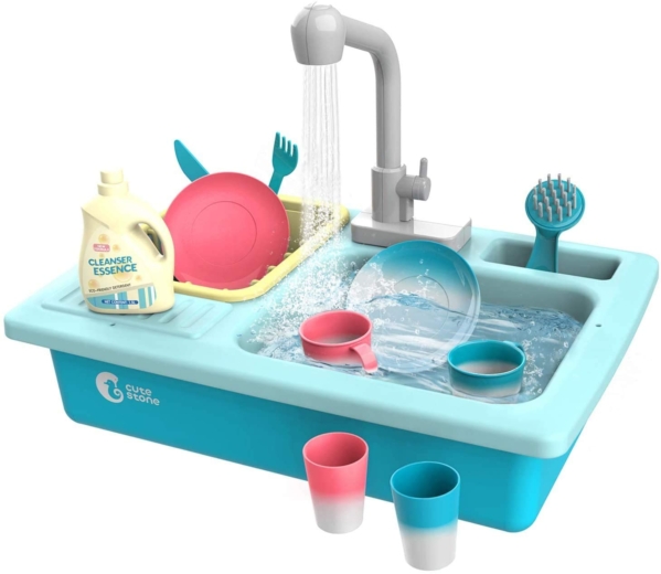cute stone Küchenspüle Spielzeug Set mit Warmwasserhahn Farbwechsel Geschirr, Wasser-Recycling Waschbecken mit Schneiden Obst für Mädchen ab 3…