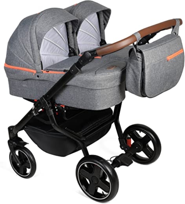 Dorjan Quick Twin Zwillingskinderwagen (Seite-an-Seite) Duo Buggy Wickeltasche + Regenschutz + Insektenschutz