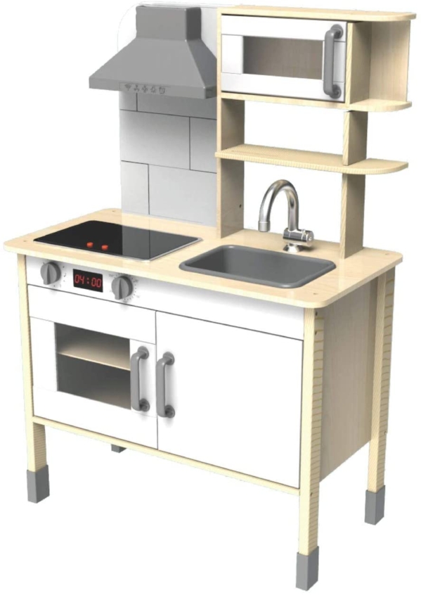 Eichhorn 100002494 – Spielküche aus Holz, Herd mit leuchtenden Herdplatten, Spüle, Backofen und Dunstabzug, 36x69x99cm, Kiefernholz, Birkenholz