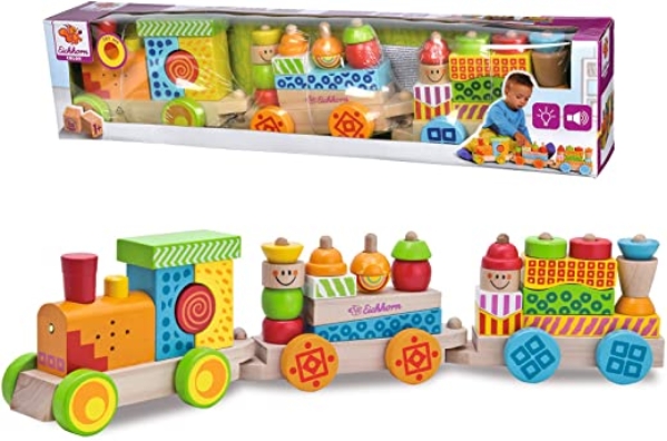 Eichhorn 195029 100002236 – Bunter Zug mit Licht-und Soundfunktion und 28 Bausteinen, 31-tlg., Länge: 59 cm, inkl. Batterien, Birkenholz