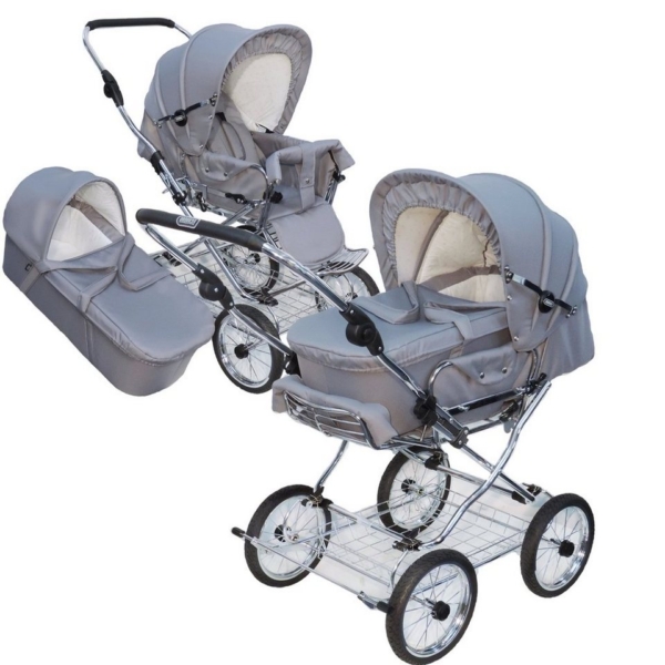 Eichhorn Kinderwagen Kombi-Kinderwagen »Designer«, Komplett-Set im Retro-Design: Chrom-Gestell mit weicher Lederriemenfederung, höhenverstellbarem…
