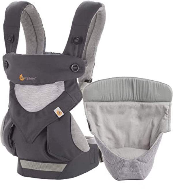 Ergobaby Babytrage 360 Cool Air Carbon Grey inkl. Neugeboreneneinsatz, 4in1 Baby Tragehilfe Rückentrage Bauchtrage