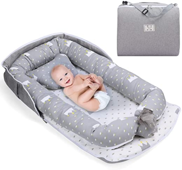 Fascol Babynest Tragbar Kuschelnest mit Kissen, Babynestchen 100% Baumwolle, Nestchen Reisebett für Babys