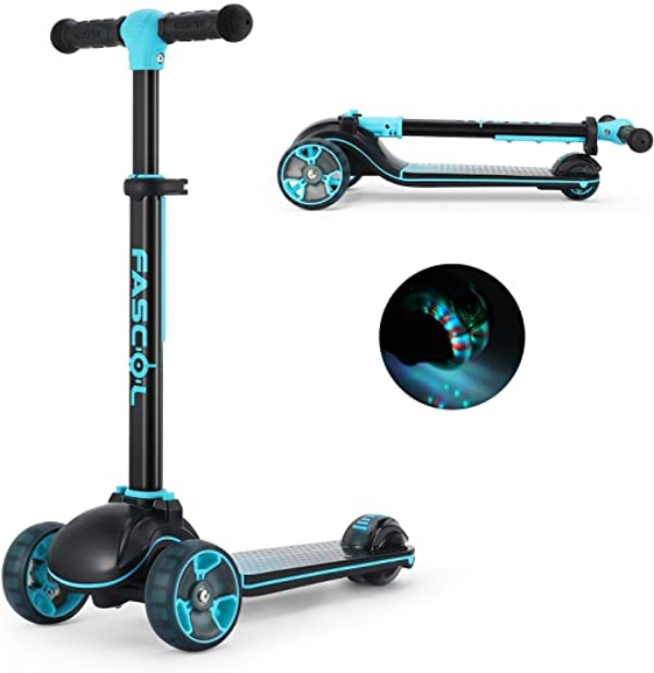 Fascol Kinderroller Faltbar Dreiradscooter ab 3-12 Jahre Kinderscooter mit LED Räder Roller Scooter für Kinder mit Verstellbarem Lenker, Blau