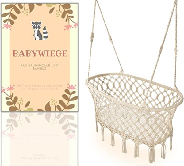 Federwiege Baby [HANDMADE] – Wiege Baby aus Bambus und Naturbaumwolle – Baby Hängematte im Makramee Stil – Babywiege hängend für Gestelle oder…