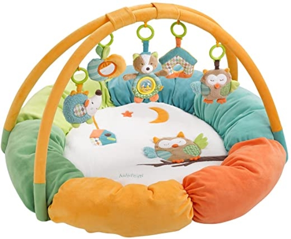 Fehn 071184 3-D-Activity-Nest Eule / Besonders weicher Spielbogen mit 5 abnehmbaren Spielzeugen für Babys Spiel & Spaß von Geburt an / Maße: Ø85cm