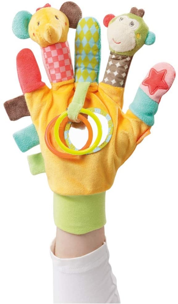Fehn 074604 Spielhandschuh Safari – Fingerpuppen-Handschuh Affe und Elefant mit Rassel und Quietsche für Babys und Kleinkinder ab 0+ Monaten
