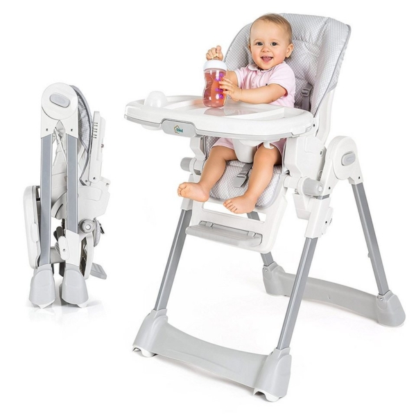 Fillikid Hochstuhl »Aron – Punkte – Grau« (1 Stück), Babystuhl ab Geburt mit Liegefunktion – inkl. Tisch mit abnehmbaren Tablett, klappbar und…