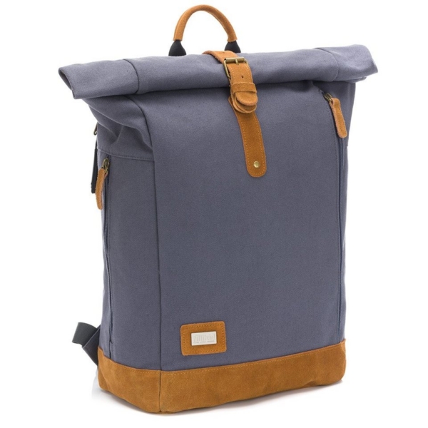 Fillikid Wickeltasche »Rolltop Canvas – Grau« (3-tlg), Baby Wickelrucksack aus Canvas mit Wickelunterlage, Kinderwagen Befestigung und vielen Fächern