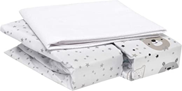 FlyIdeas Spannbettlaken für Kinderwagen Stubenwagen Moseskörbe – 3 Teile Set 75×35 cm | 2 Spannbettlaken & 1 Wasserfester Matratzenschoner -…