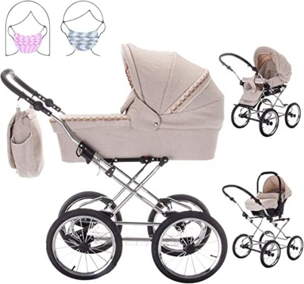Friedrich Hugo Natureline Uni | 3 in 1 Kombi Kinderwagen Komplettset | Öko Nostalgie Kinderwagen | Farbe: Hugo Silver
