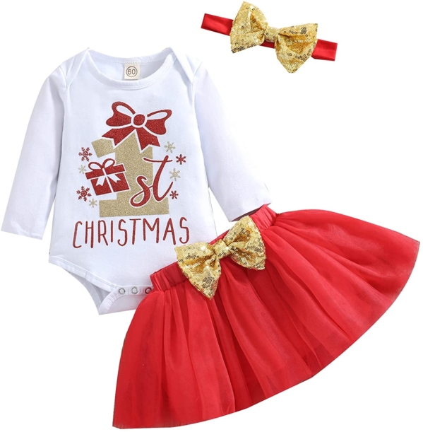 Geagodelia Baby Mädchen Weihnachten Outfit Kleidung Weihnachtsoutfit Babykleidung Set Langarm Body Strampler + Tüllrock Tütü Rock Neugeborene…