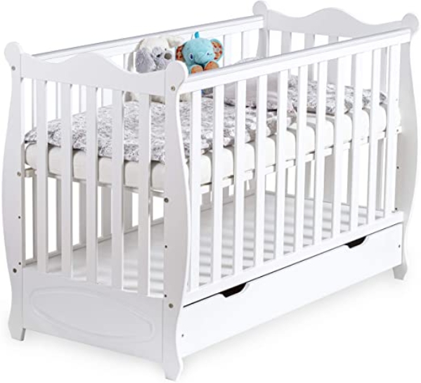 Gitterbett Babybett 2in1 60×120 mit Schublade Schlupfsprossen und Lattenrost Höhenverstellbar Umbaubar zum Juniorbett für Mädchen und Junge – Weiß