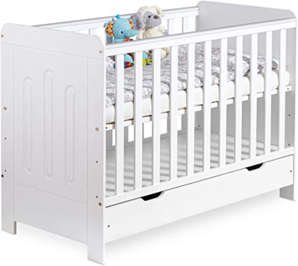 Gitterbett Babybett 2in1 60×120 mit Schublade Schlupfsprossen und Lattenrost Höhenverstellbar Umbaubar zum Juniorbett für Mädchen und Junge – Weiß