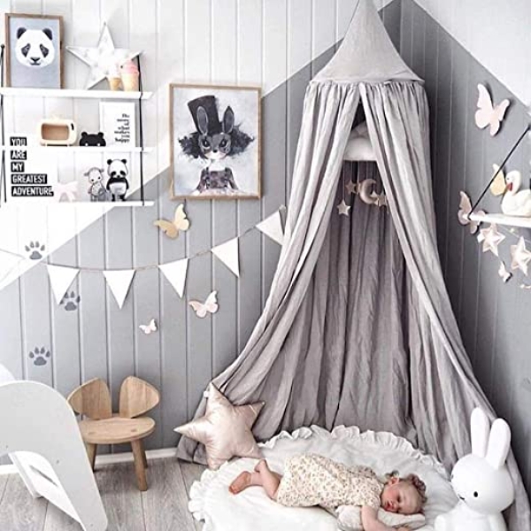 Grau Baldachin, Wenscha Baby Baldachin Betthimmel Kinder Baumwolle Bettvorhang Moskitonetz Babybett für Schlafzimmer Ankleidezimmer Spiel Lesen…