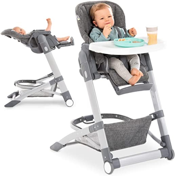 Hauck Baby-Hochstuhl Grow Up mit Liegefunktion ab Geburt – mit Tisch, Rollen, klappbar, mitwachsend und höhenverstellbar – Grau Melange